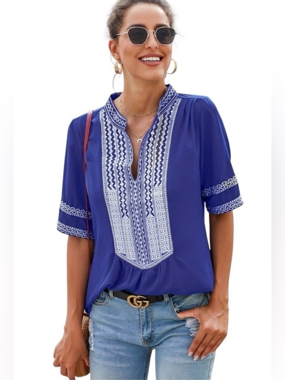Un Branded Women’s royal blue blouse with detailed White embroidered trim size S